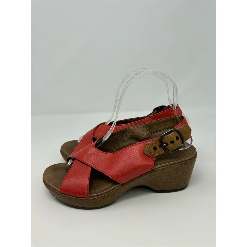 Dansko Two Tone Red Coral & Brown Slingback Wedge Sandals Crisscross Straps 36